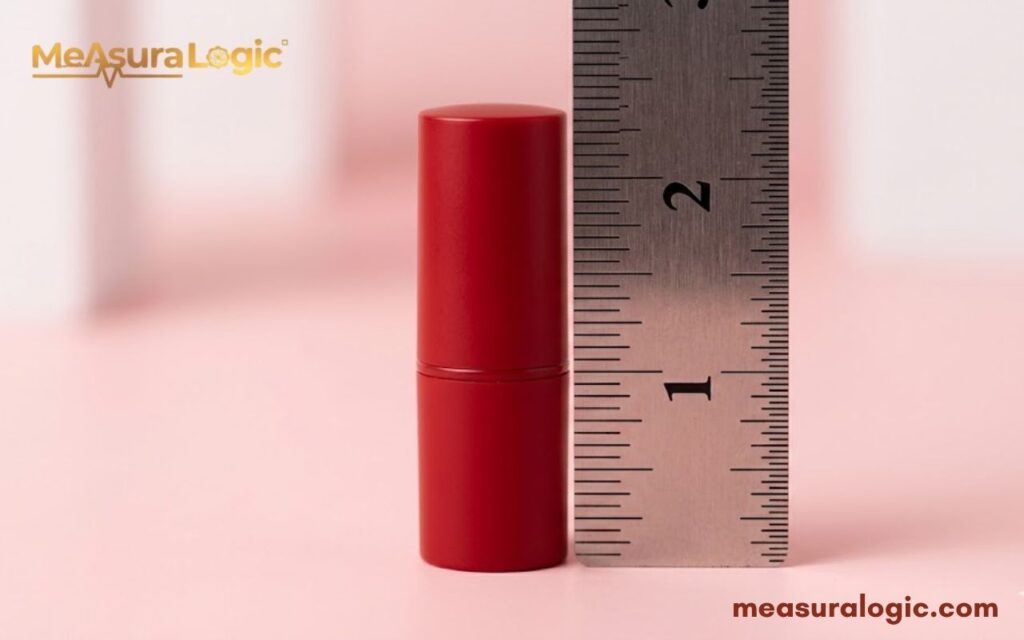 A red lipstick tube next to a metal ruler. The ruler indicates the tube is nearly 2 inches tall.