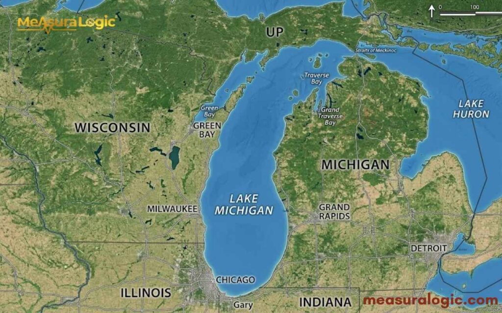 Map showcasing the full elongated shape of Lake Michigan. Subtle boundaries and labels highlight the surrounding states of Michigan.
