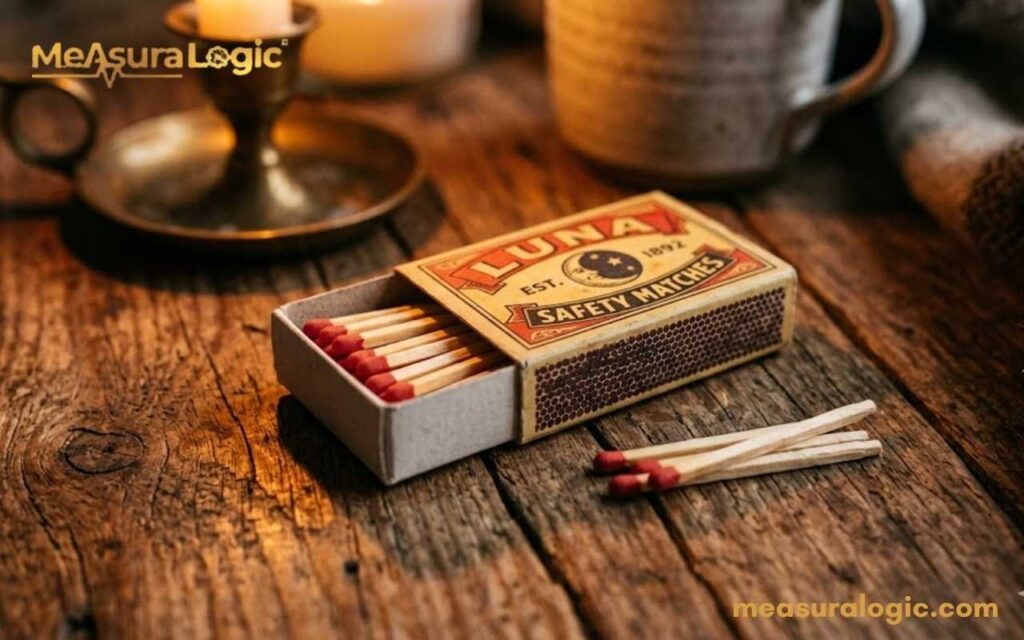 A vintage "Luna Safety Matches" box is partially open with matches inside and out. It rests on a wood table with a blurred candle and ceramic mug in the background.
