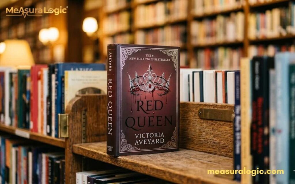 A hardcover copy of "Red Queen" by Victoria Aveyard standing on a wooden library shelf against a blurred background of bookshelves.
