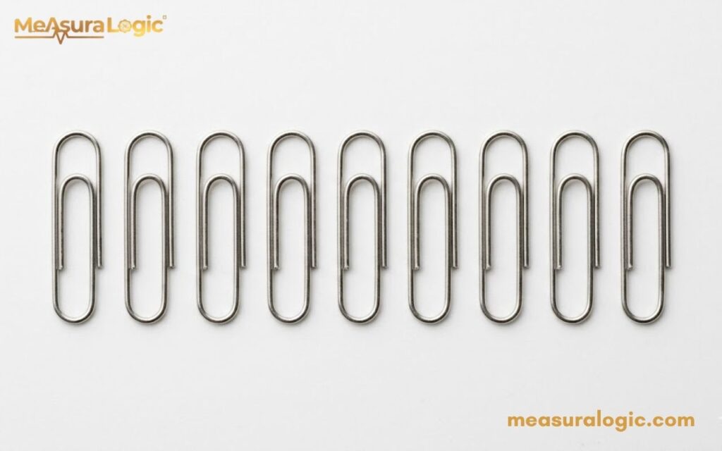 A horizontal row of nine silver-colored metal paper clips. Arranged side-by-side on a plain white background.