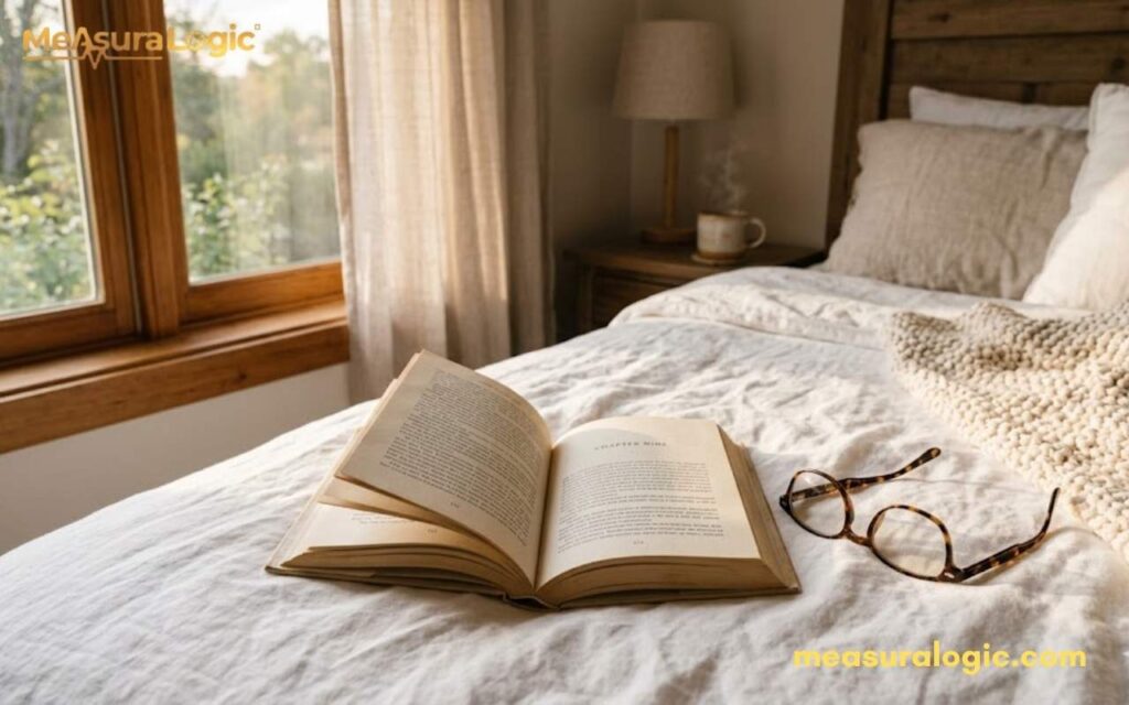 An open book and glasses rest on a rumpled white bedsheet in a cozy bedroom. Soft morning sunlight filters through a window.