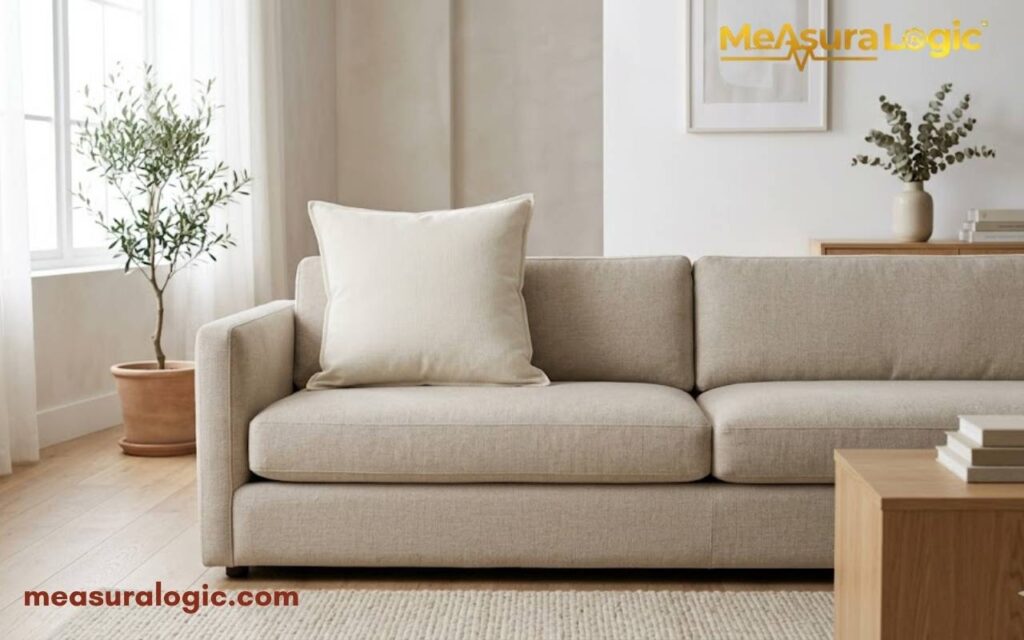 A square cream colored throw pillow sits on a modern beige sofa in a living room.