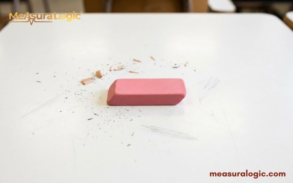 A classic pink rectangular eraser on a white school desk. Scattered pencil shavings and graphite smudges surround it.