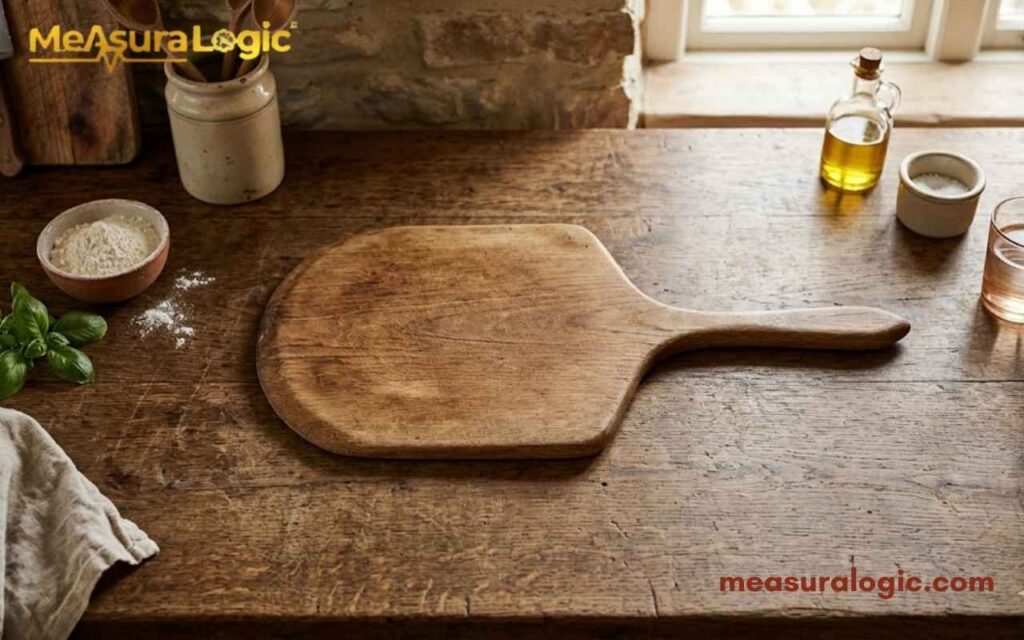 A wooden pizza peel is laid flat on a wooden kitchen counter in a top down view. The scene is set with warm tones, featuring fresh basil, a bowl of flour, and olive oil under natural light.