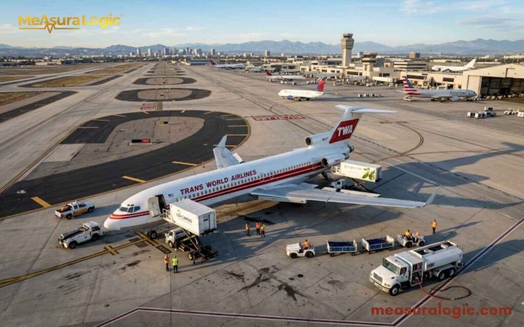 A 100 feet airplpane parked on an airport runway. Ground crew members and service vehicles surround the plane, getting it ready for its next flight.