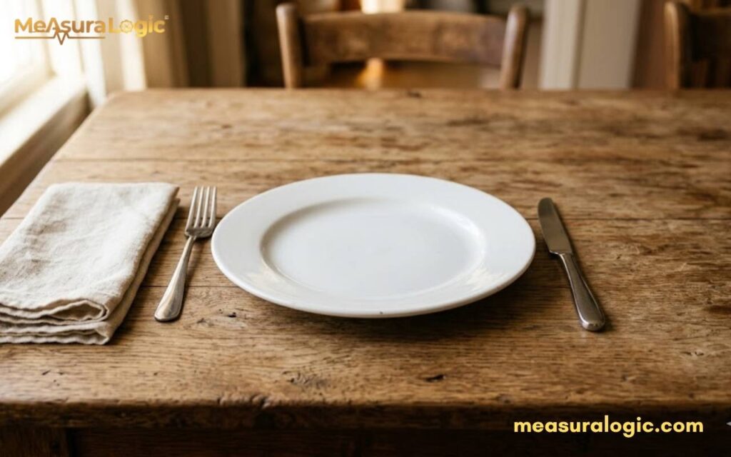 A table setting featuring a 9 inches white plate, a fork, a knife, and a folded linen napkin on a rustic wooden surface.