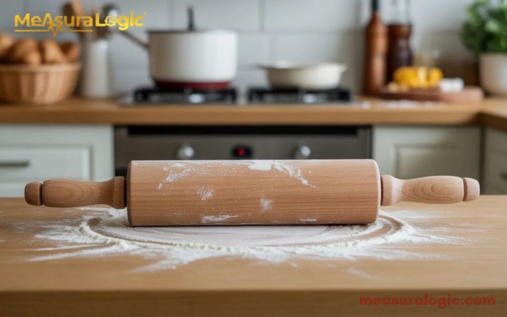 An 18 inches wooden rolling pin dusted with flour sits on a wooden countertop in a kitchen. The background is softly blurred, showing a stove and kitchen essentials.