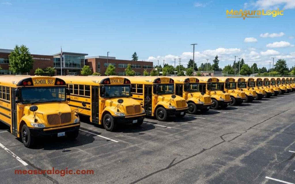 Long, angled row of identical yellow school buses parked on asphalt. Next to a large modern high school under a sunny, cloudy sky.
