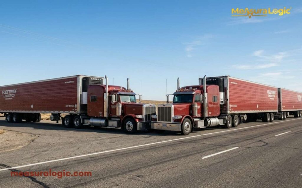 Two large red semi-trucks are parked nose-to-nose on empty highway. Their long trailers stretch out against a backdrop of a barren landscape and a clear blue sky.