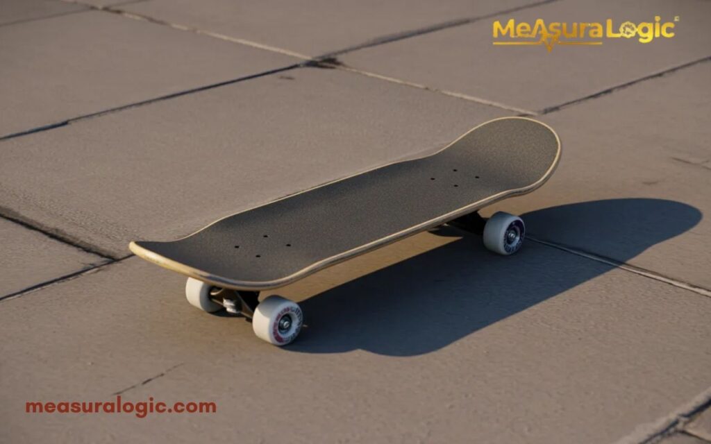 A classic 18 inches skateboard with black grip tape and white wheels rests on a concrete pavement.