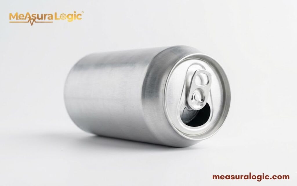 A horizontal blank silver can lying on its side. Its top, with an open stay-tab, faces forward.