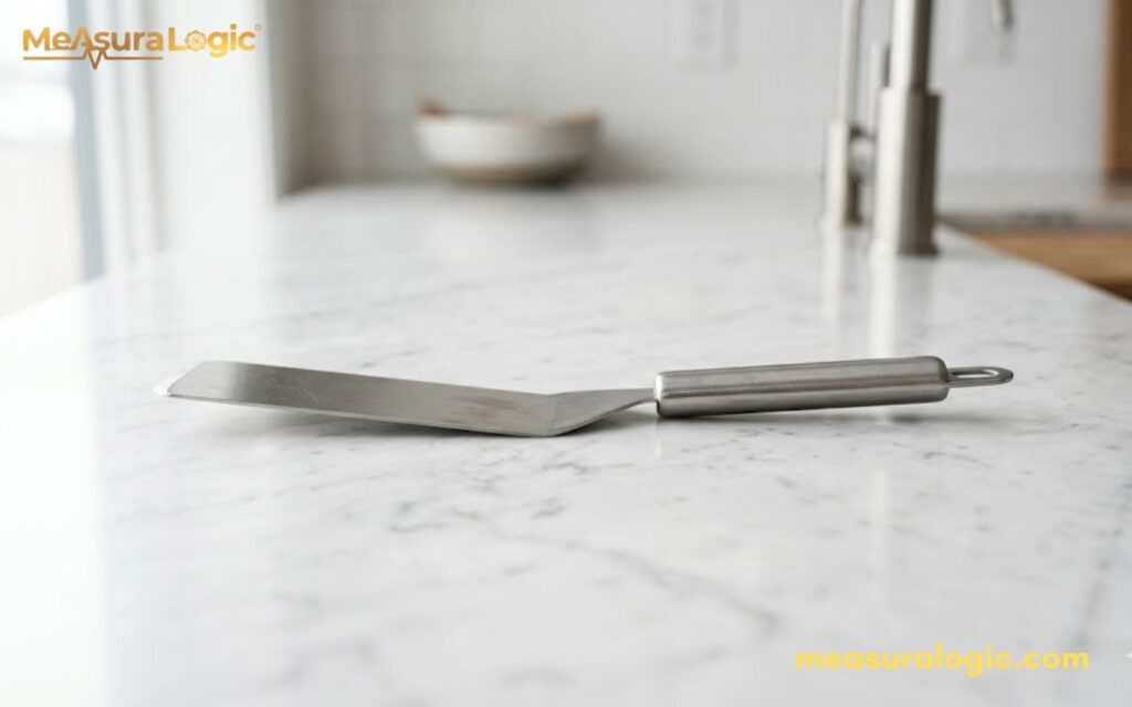 A stainless steel 9 inches kitchen spatula resting on a clean white marble countertop.