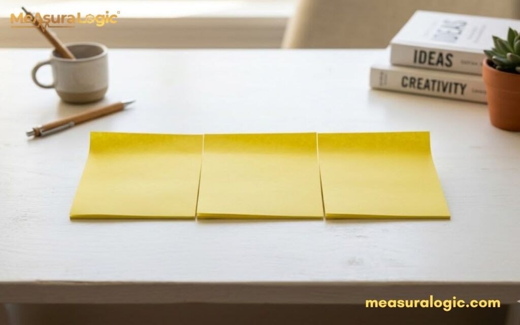 Three blank yellow sticky notes are arranged in a horizontal line on a white desk featuring length of 9 inches. A mug, books, and a small potted plant sit in background.