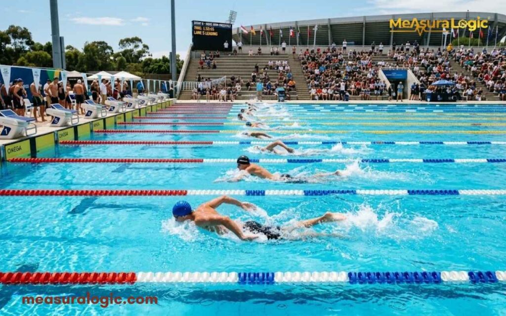 Swimmers mid lap in a outdoor 100 feet Olympic swimming pool. Colorful lane dividers separate the water, with stadium seating in the background.