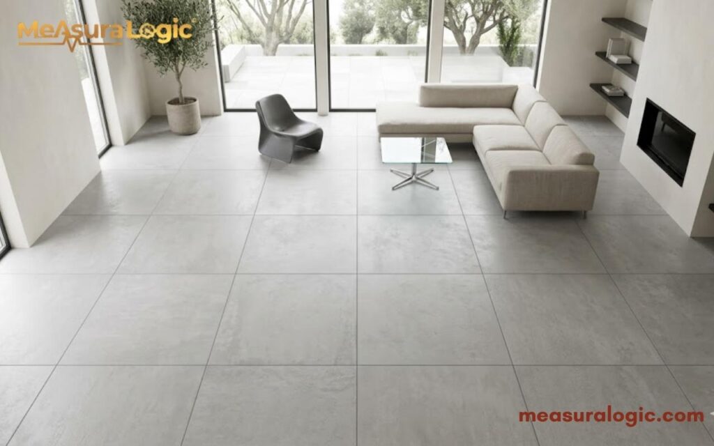 Large square grey floor 18 inches tiles in a minimalist living room. High angle view featuring a neutral sectional sofa and clean, open layout.