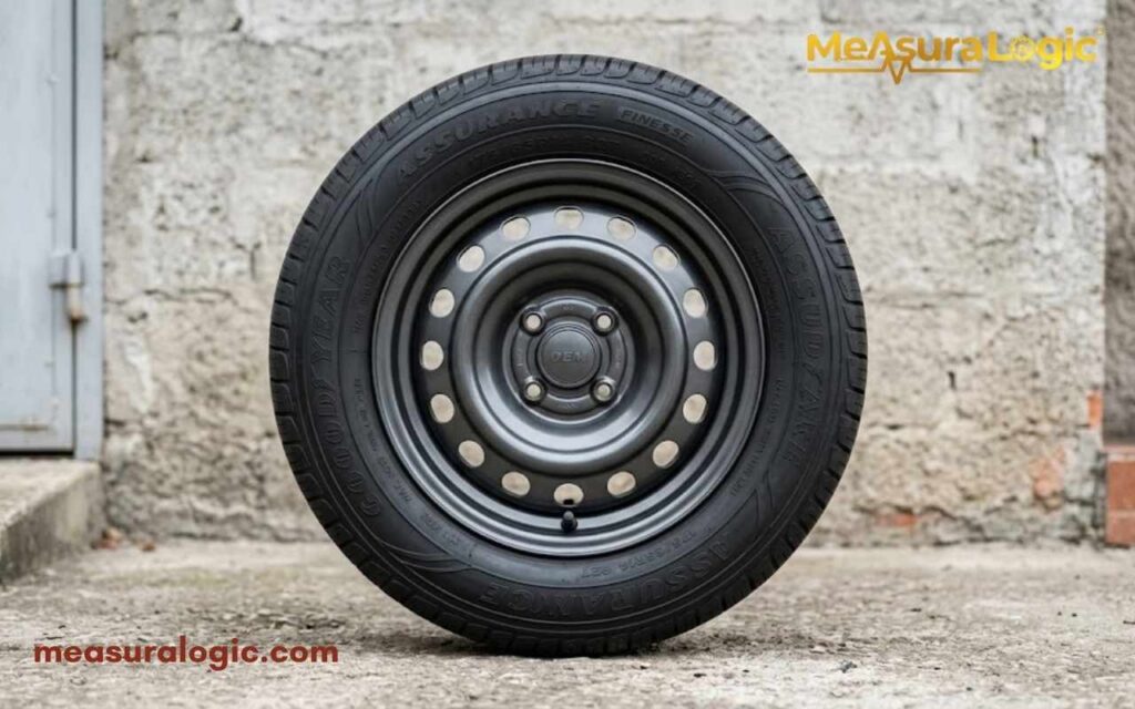 A car tire on a steel rim is centered against a textured concrete wall and ground measuring 18 inches.