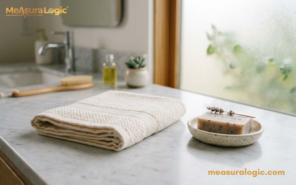 A neatly folded light beige hand towel rests on a marble bathroom countertop. Beside it sits a ceramic dish with a bar of lavender soap in soft, natural light.