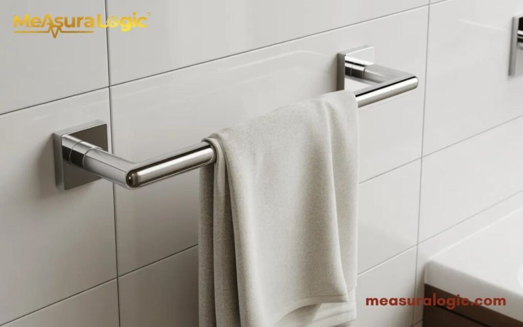 A sleek chrome towel bar is mounted on a white tiled bathroom wall with a light grey towel hanging from it.