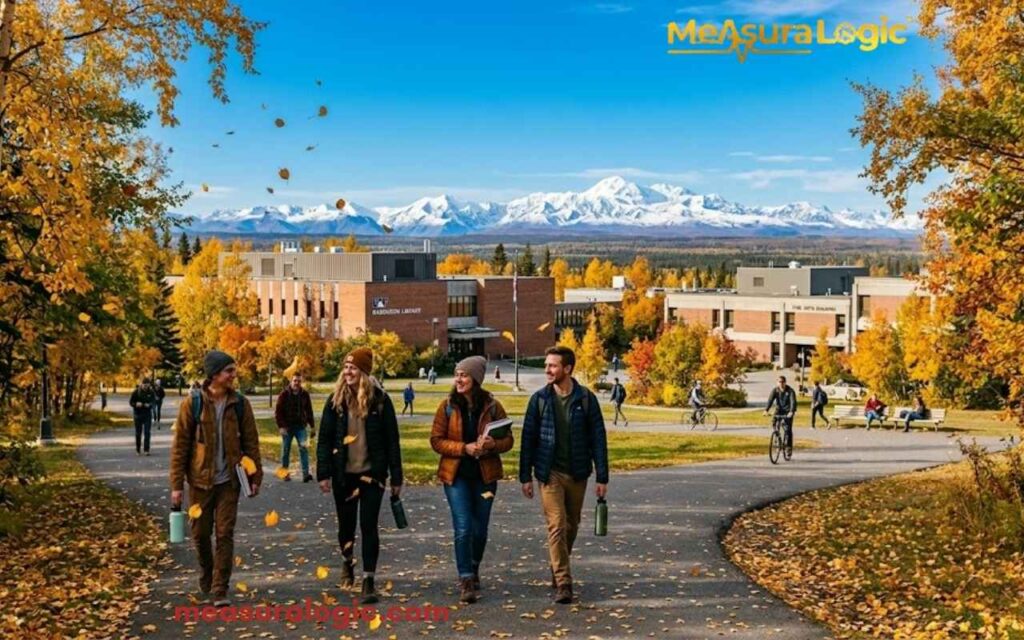 Four university students walk on a tree-lined path during a vibrant autumn day. Beyond them is a campus in Alaska, and a view of mountains on the horizon.