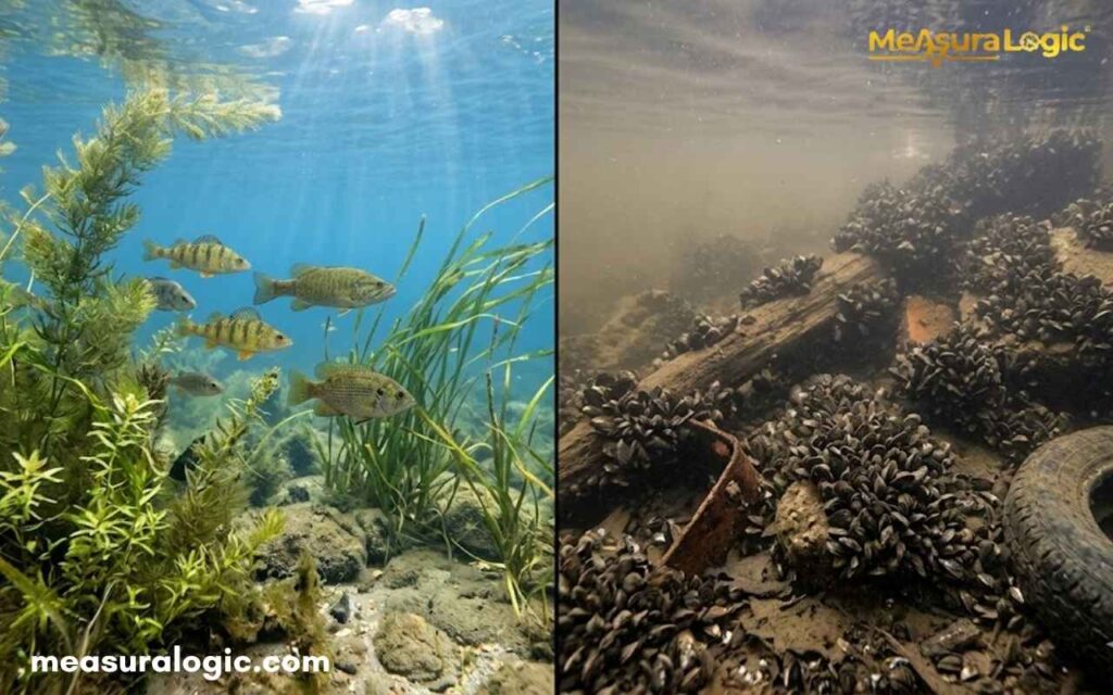 A split underwater photograph contrasting a clear blue lake ecosystem and debris filled environment covered in zebra mussels. The left side shows clear water, while the right side shows pollution