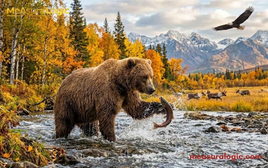 A brown bear catches a fish in a river amid vibrant autumn colors. An eagle soars overhead while caribou graze in a golden meadow near snow capped mountains.