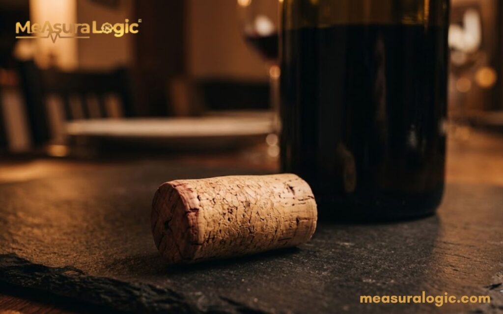 A used, stained 2 inches wine cork lies horizontally on a dark slate coaster. A blurred wine bottle and dining table are in the warm, moody background.