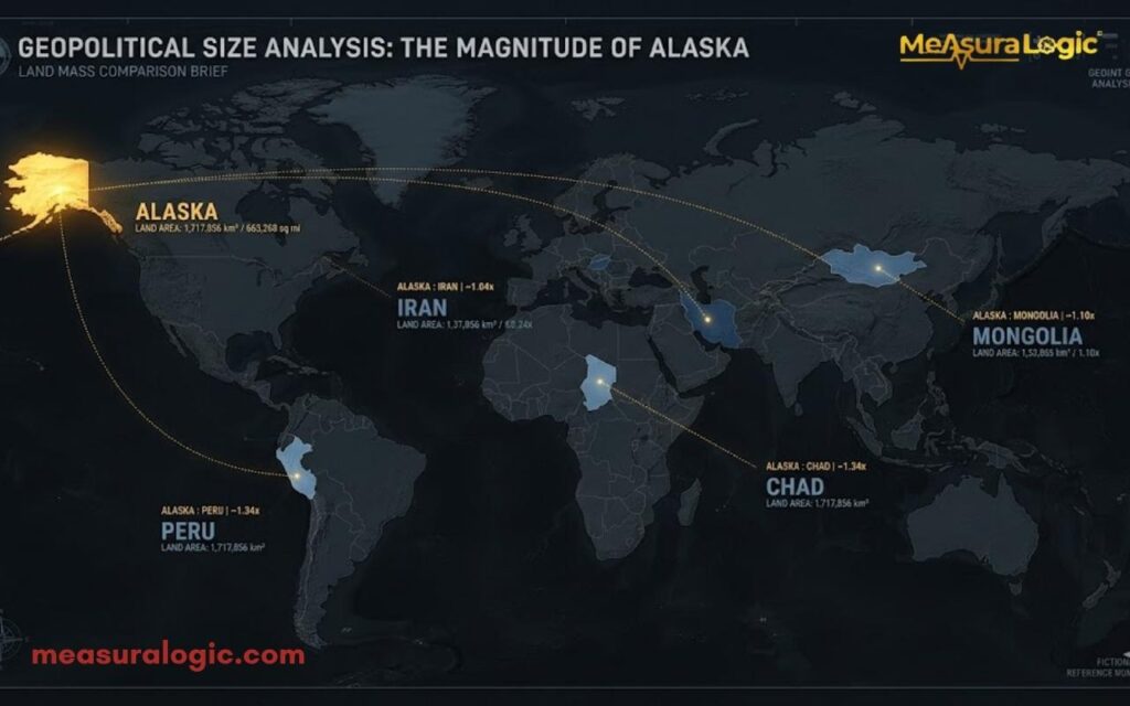 A dark, cinematic world map comparing the size of Alaska with other.s Glowing lines connect a highlighted Alaska to Iran, Mongolia, Peru, and Chad.
