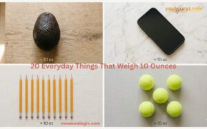 A four grid collage of objects weighing 10 ounces, including an avocado, a smartphone, pencils, and tennis balls.