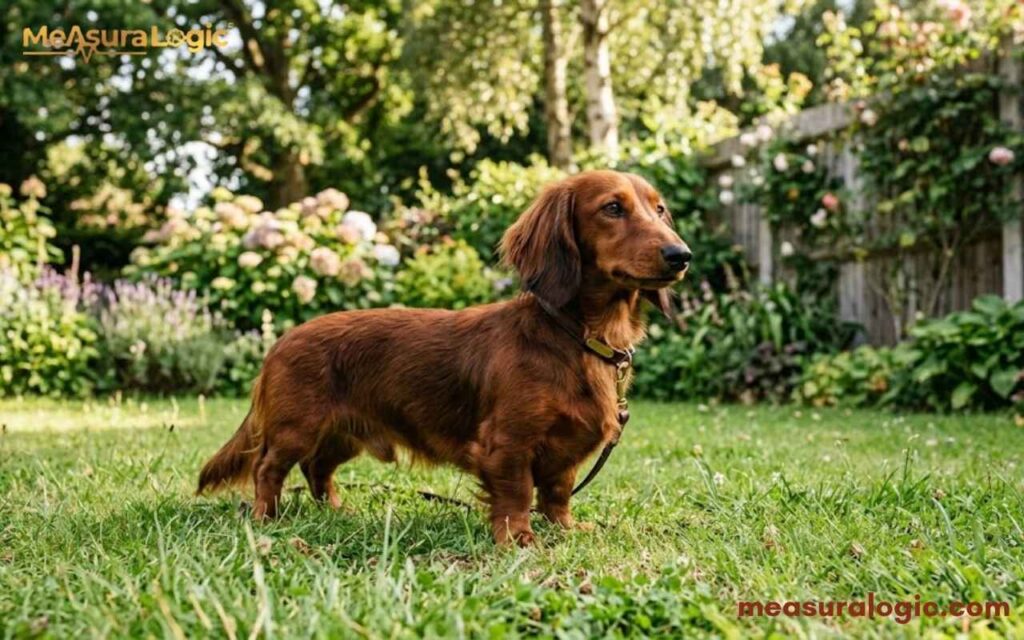 A Dachshund stands in a grassy backyard. The dog is wearing a thin brown leash.
