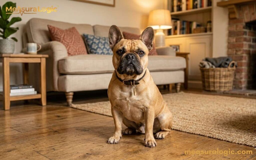 A French Bulldog that weigh around 10 kilograms sits on a wooden floor, looking directly at the camera.
The background shows a cozy living room.