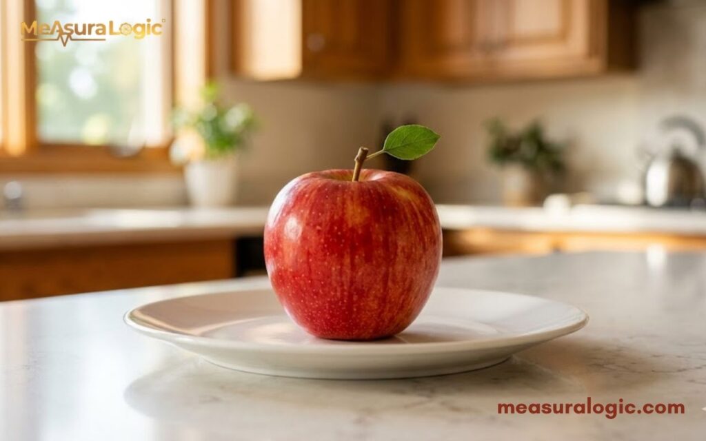 An apple sits centered on a white ceramic plate. This apple is approximately 10 ounces, featuring a stem and green leaf.