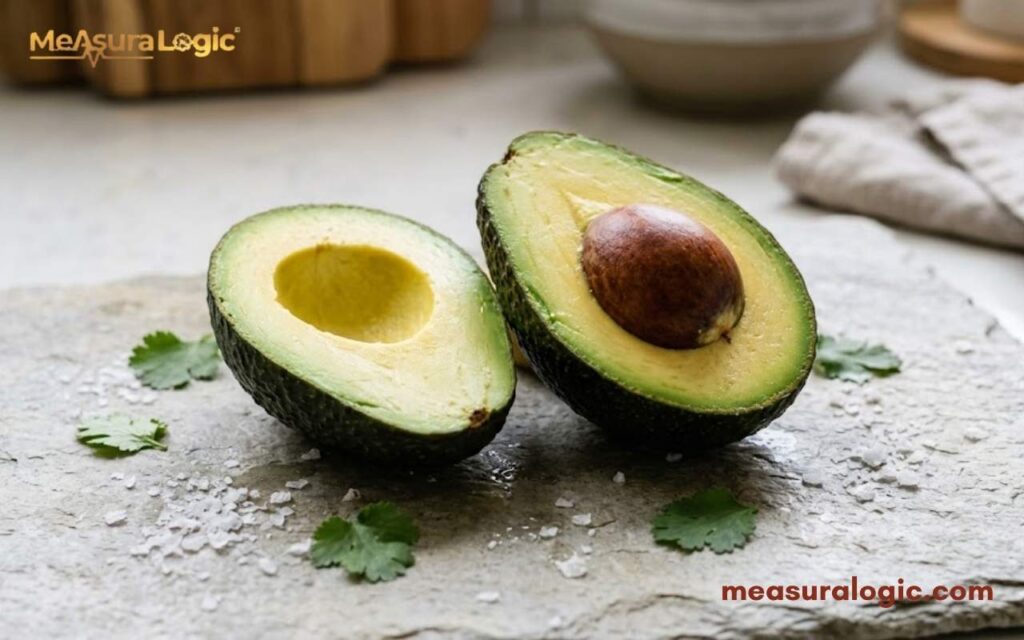 Two green avocado halves rest on a grey slate board with coarse salt and cilantro leaves featuring weigh of 10 ounces.