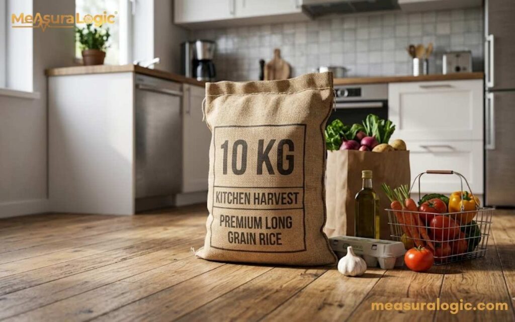 A sack of long grain rice sits on a kitchen floor featuring 10 kilograms of weight. Next to it are groceries.