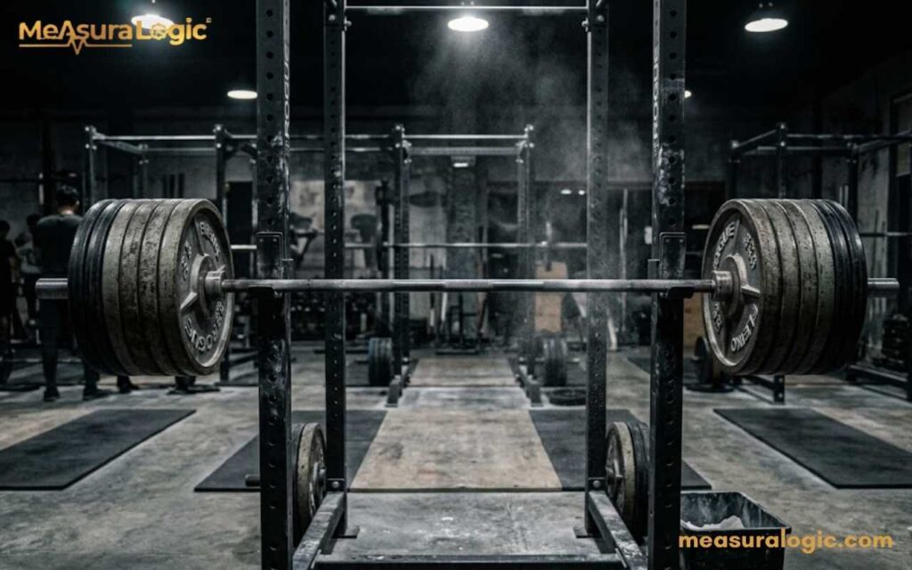A loaded Olympic barbell rests on a squat rack in a professional weightlifting gym. Heavy iron weight plates are stacked on both sides.