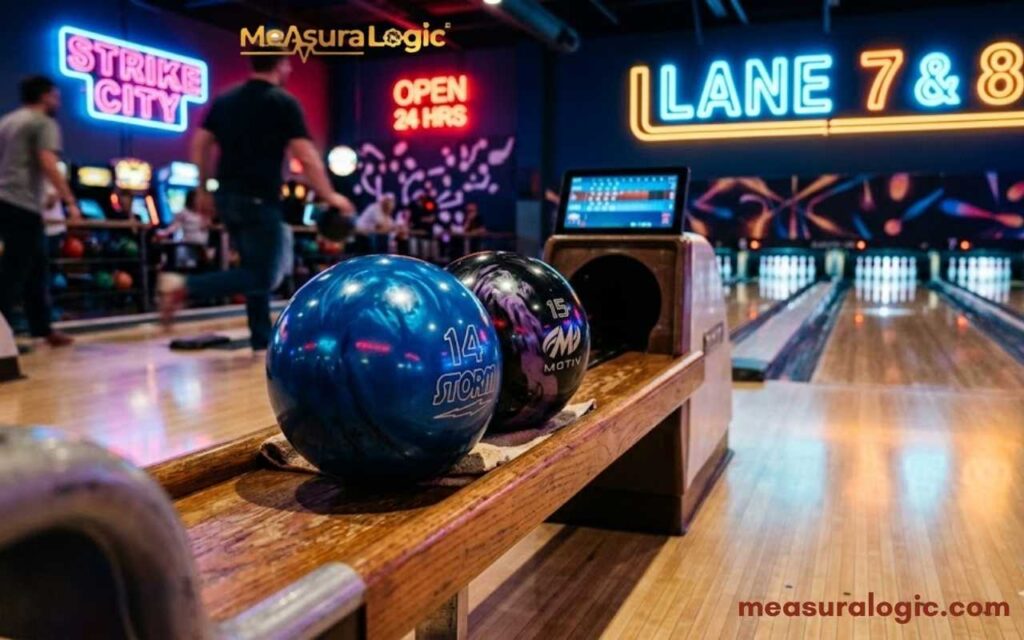 Two bowling balls, one blue with a swirling pattern, and one purple and black, rest on a wooden ball return in a lively bowling alley.