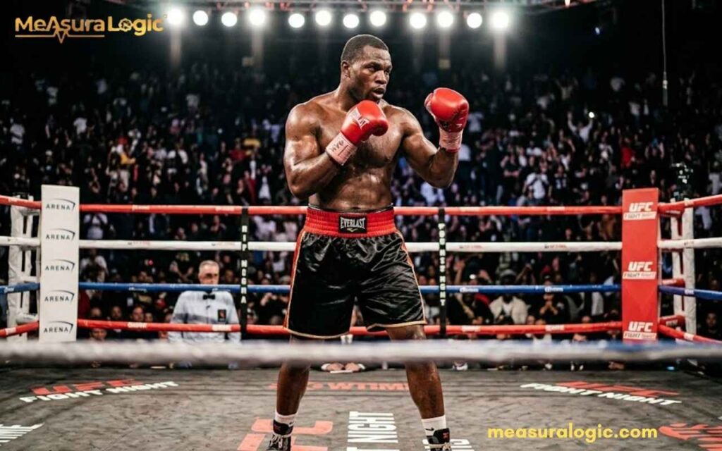 A muscular boxer inside a professional ring with bright overhead lights. Gloves are raised and sharp shadows fall across his frame, with a blurred crowd in the background.