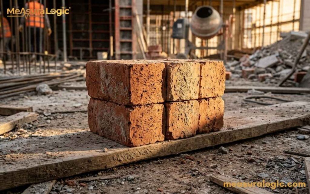 A photograph of a six brick block on a wooden plank at a dusty construction site.