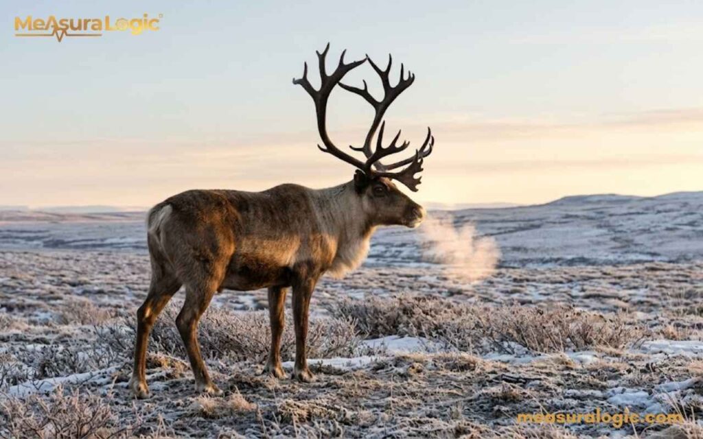 A 100 kilograms male caribou with large antlers stands in a snow-dusted Arctic tundra landscape.