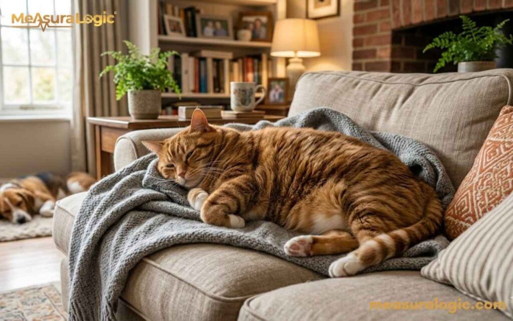 An orange cat is sleeping soundly on a comfy couch. It is snuggled under a grey knit blanket in a cozy living room.