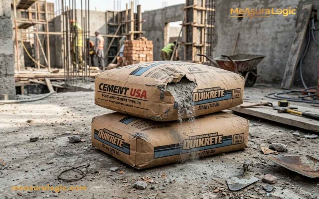 Two heavy 50 kg cement bags are stacked on a dusty construction site floor. One bag is partially open, spilling onto the ground.