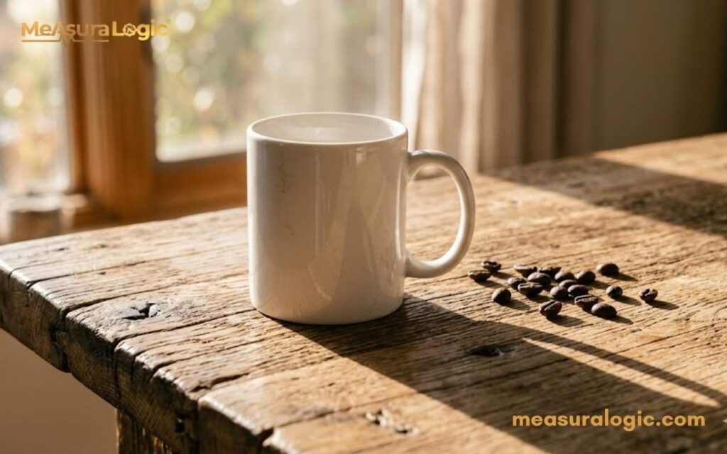 An empty white ceramic mug sits on a rustic wooden table. Morning sunlight creates a shadow behind the mug, highlighting a few scattered coffee beans.