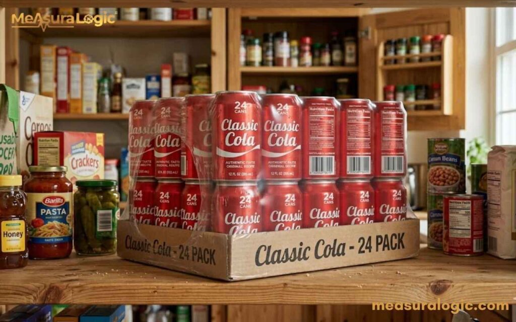 A 24-pack of "Classic Cola" sits on a wooden pantry shelf. It is surrounded by other groceries.