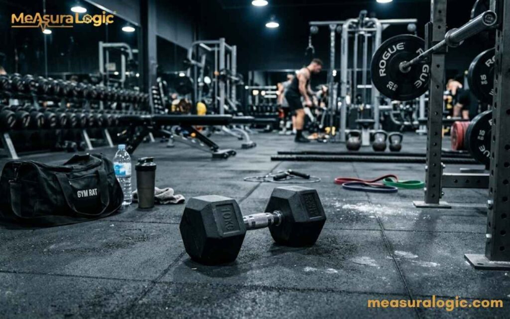 A 10 kilograms dumbbell lies on a gym floor next to a duffel bag and shaker bottle.
