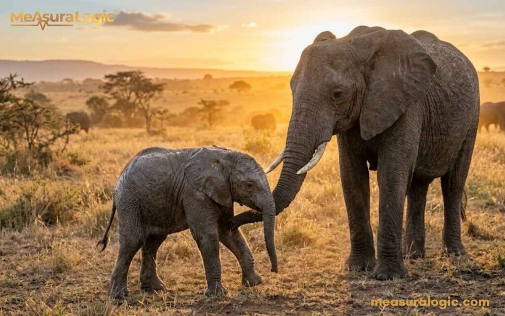 A 100 kilograms newborn elephant calf stands in the savanna. Its protective mother stands close beside it.