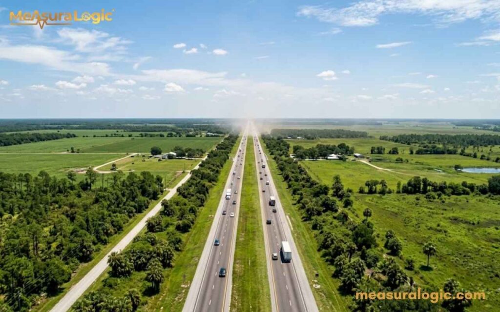 Aerial view of a highway stretching through a flat landscape of green fields and forests. A few vehicles drive in both directions on the road.