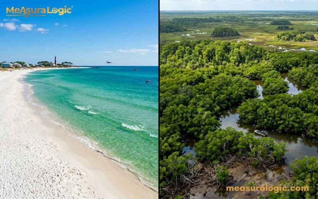 An elevated view shows a beach with pelicans flying above. Adjacent is a view of dense green mangrove trees and winding waterways with an airboat.