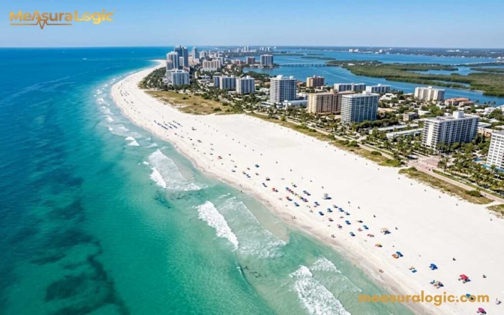 Aerial view of a beach with tourists. High-rise hotels line the opposite edge of the beach, with an inland bay and mangroves beyond.