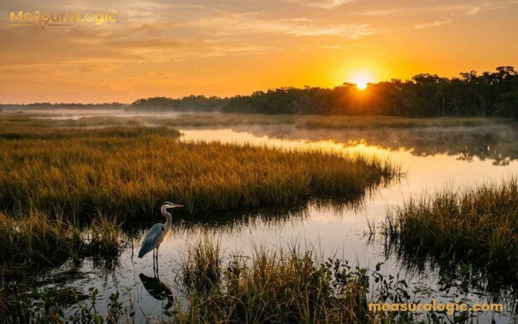 A great blue heron stands in the golden sawgrass of a misty marsh at sunrise. A bright sun rises over a dense tree line, reflecting off the calm water channels.