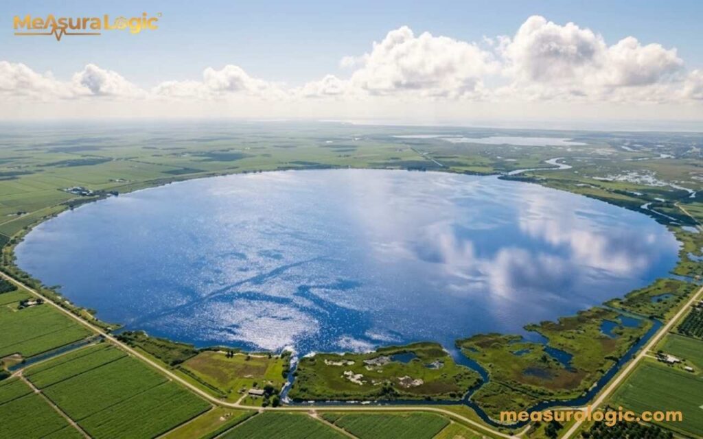 Aerial view of Lake Okeechobee in Florida. Surrounding the lake is flat, checkerboard-patterned green agricultural fields under a partly cloudy sky.